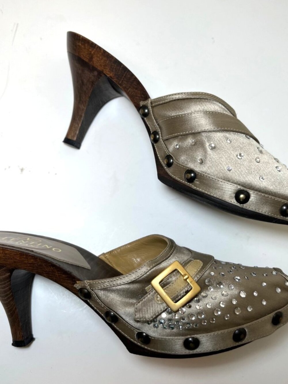 VTG Valentino Garavani Rhinestone Satin Leather Champagne Clogs Heels W EU 38